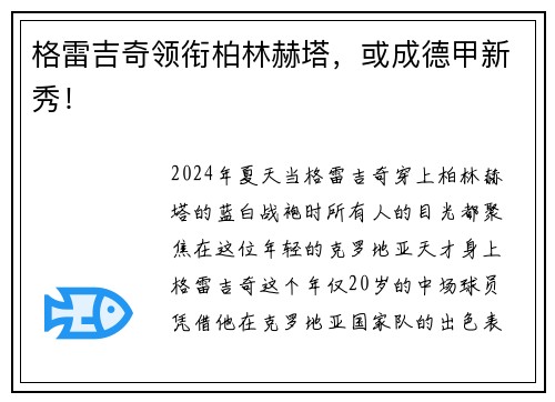 格雷吉奇领衔柏林赫塔，或成德甲新秀！